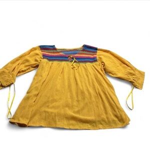 Yellow Peasant Blouse Multicolor Knitted Yoke Quarter Sleeves Boho Lightweight